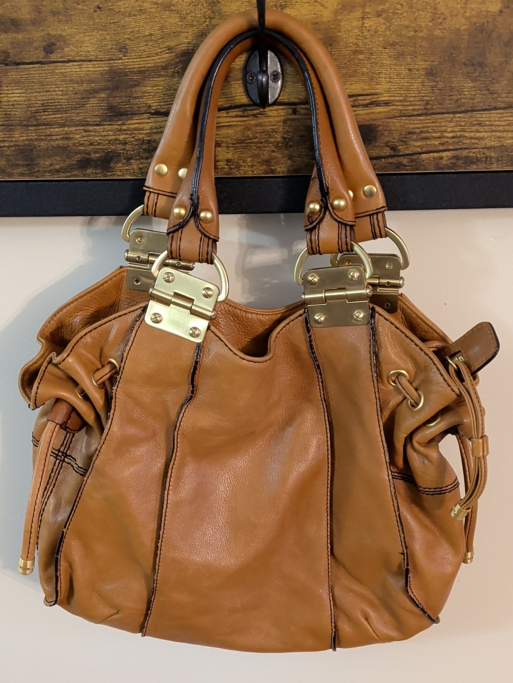 Women's Tan Leather Tote Bag with Gold Hardware